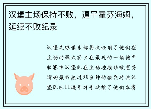 汉堡主场保持不败，逼平霍芬海姆，延续不败纪录